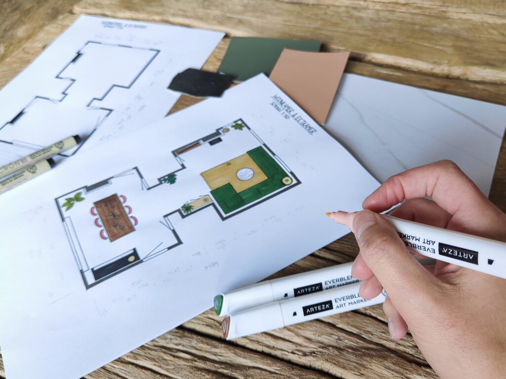 2D interieurplan met staaltjes en teken spullen